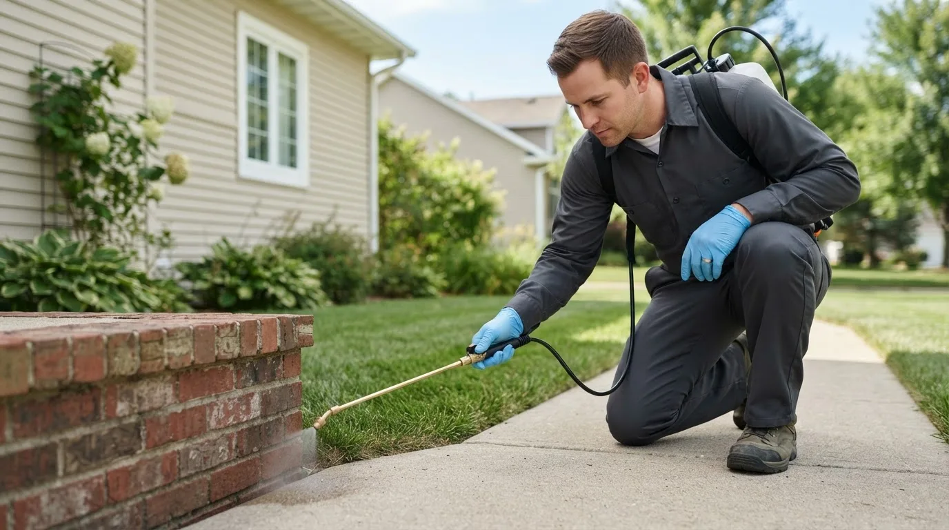 Pest control technician treating a home near Saint Michael, AK